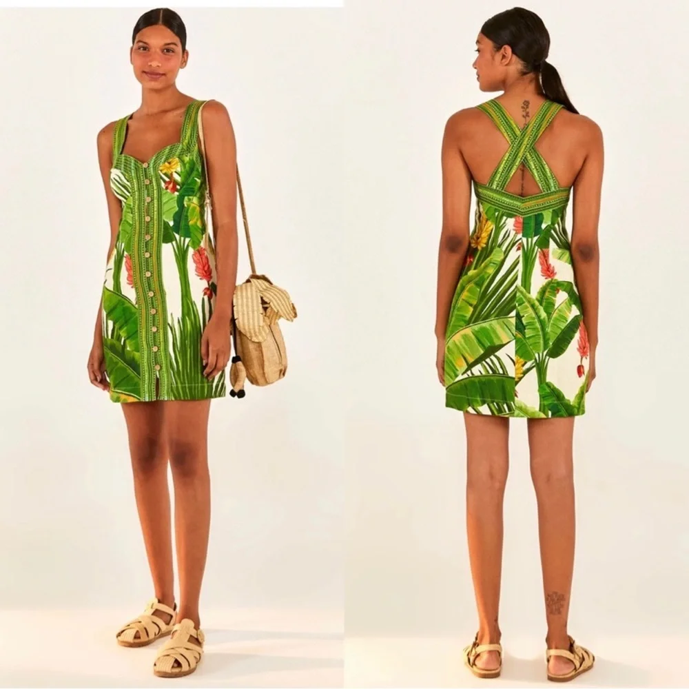 New Farm Rio Fresh Forest Scarf Sweetheart-Neck Minidress S - Picture 1 of 6